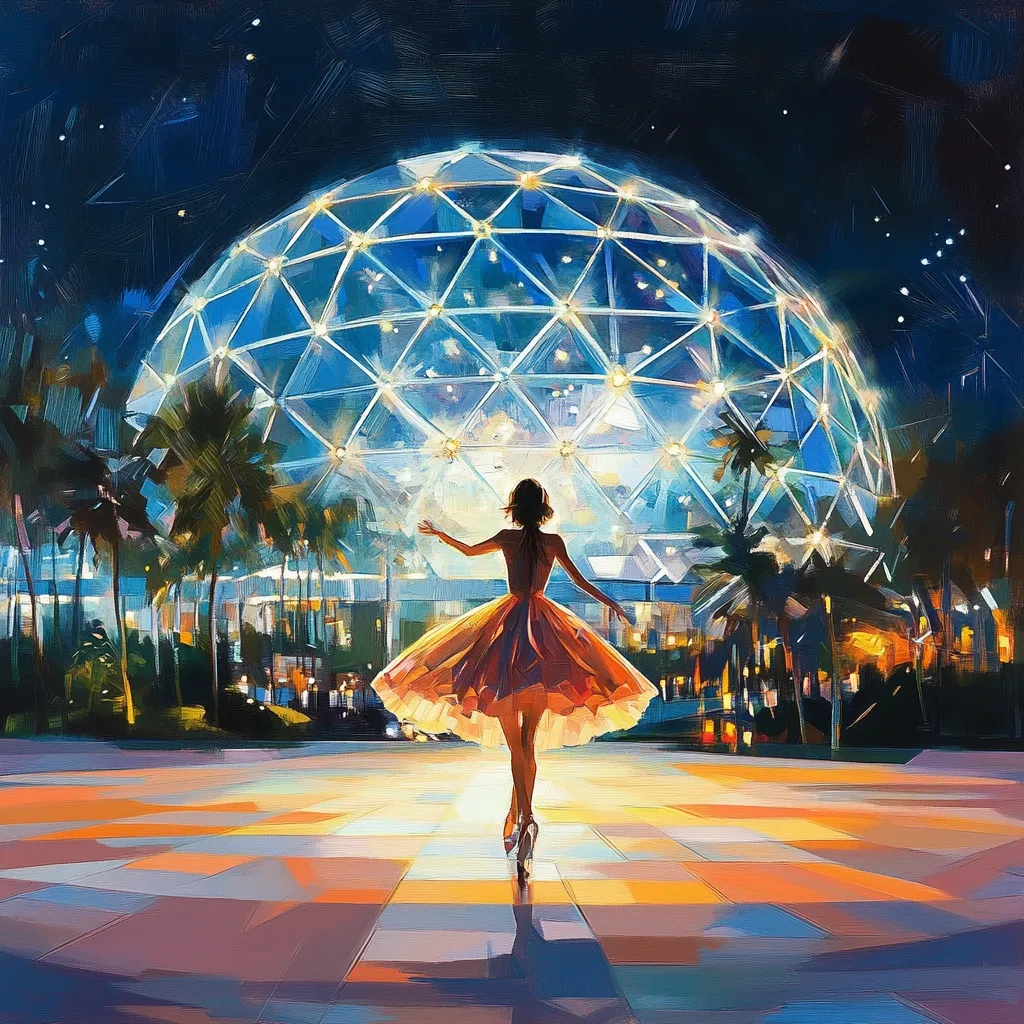 The painting depicts a woman in a flowing peach dress, standing with her back to the viewer, arms outstretched.  She faces a large, illuminated geodesic dome under a starlit night sky.  Palm trees flank the plaza where she stands, creating a tropical, almost dreamlike atmosphere. The style is painterly and impressionistic, with bold colors and visible brushstrokes, suggesting a sense of wonder and enchantment.  The overall mood is serene and magical.