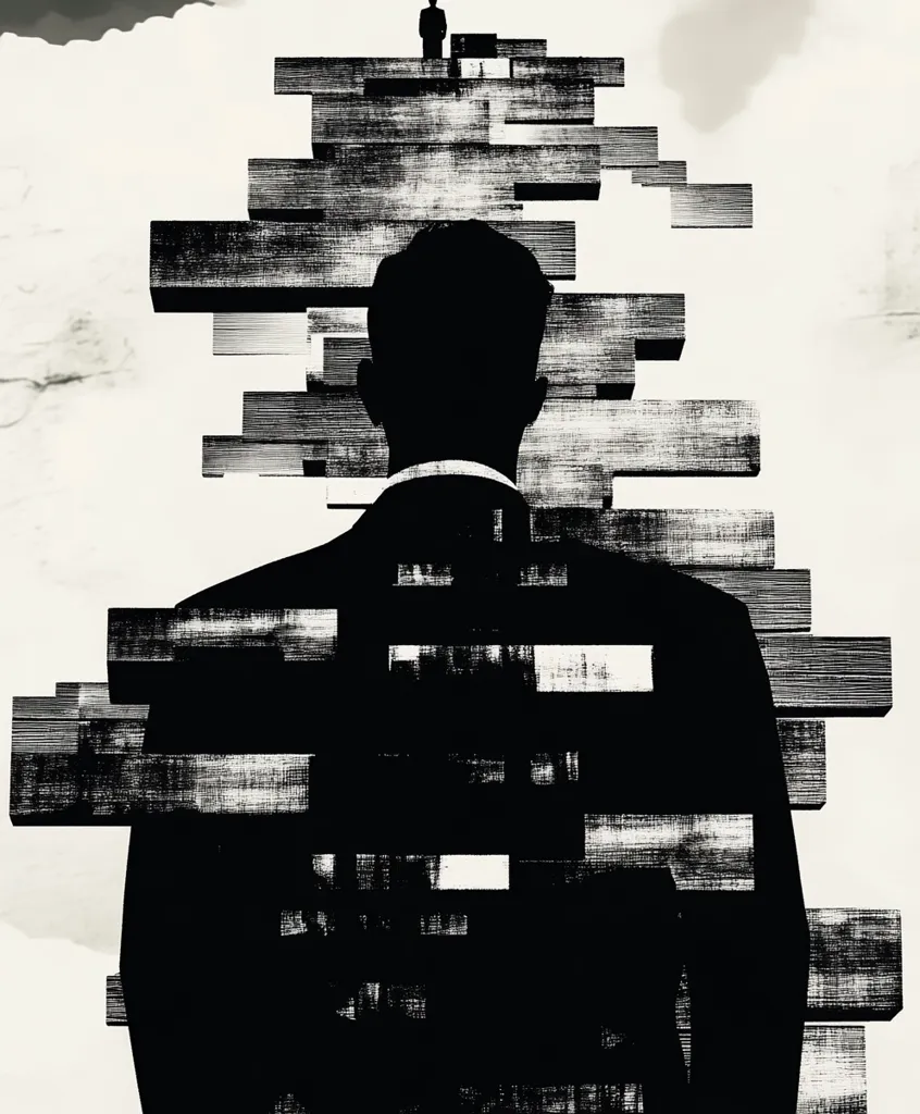 The artwork presents a stark, monochromatic image. A silhouetted figure in a suit stands with its back to the viewer, positioned before an abstract structure resembling a fragmented staircase or building, rendered in textured black and white strokes. A tiny figure stands atop the structure, creating a sense of distance and possibly ambition or unattainable goals.  The overall mood is one of isolation and perhaps a commentary on social hierarchy or the challenges of upward mobility.