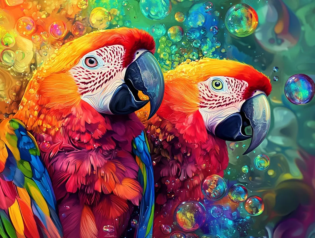 A vibrant digital painting showcases two scarlet macaws, their plumage rendered in a kaleidoscope of intense colors.  The birds are depicted against a backdrop of multicolored bubbles and abstract swirls, creating a surreal and dreamlike atmosphere. The artist's style emphasizes bold strokes and saturated hues, emphasizing the macaws' striking features and the fantastical setting. The overall effect is one of playful energy and captivating beauty.