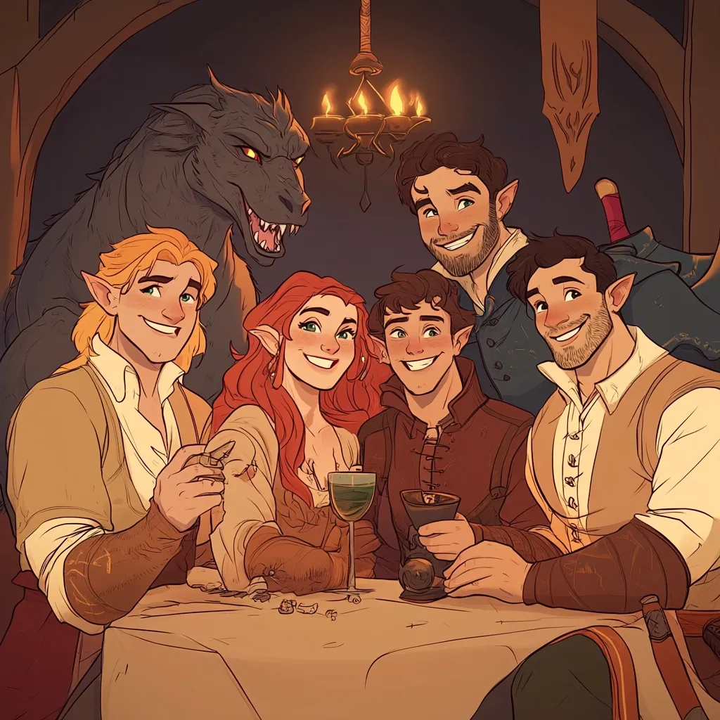 A group of five elven friends, including two women and three men, are gathered around a table in a tavern. A large, dark-colored dragon-like creature stands behind them. They appear to be enjoying themselves, smiling and holding drinks. The scene is warm and inviting, set in a dimly lit room with a chandelier.  The artwork suggests a fantasy setting, possibly from a role-playing game.