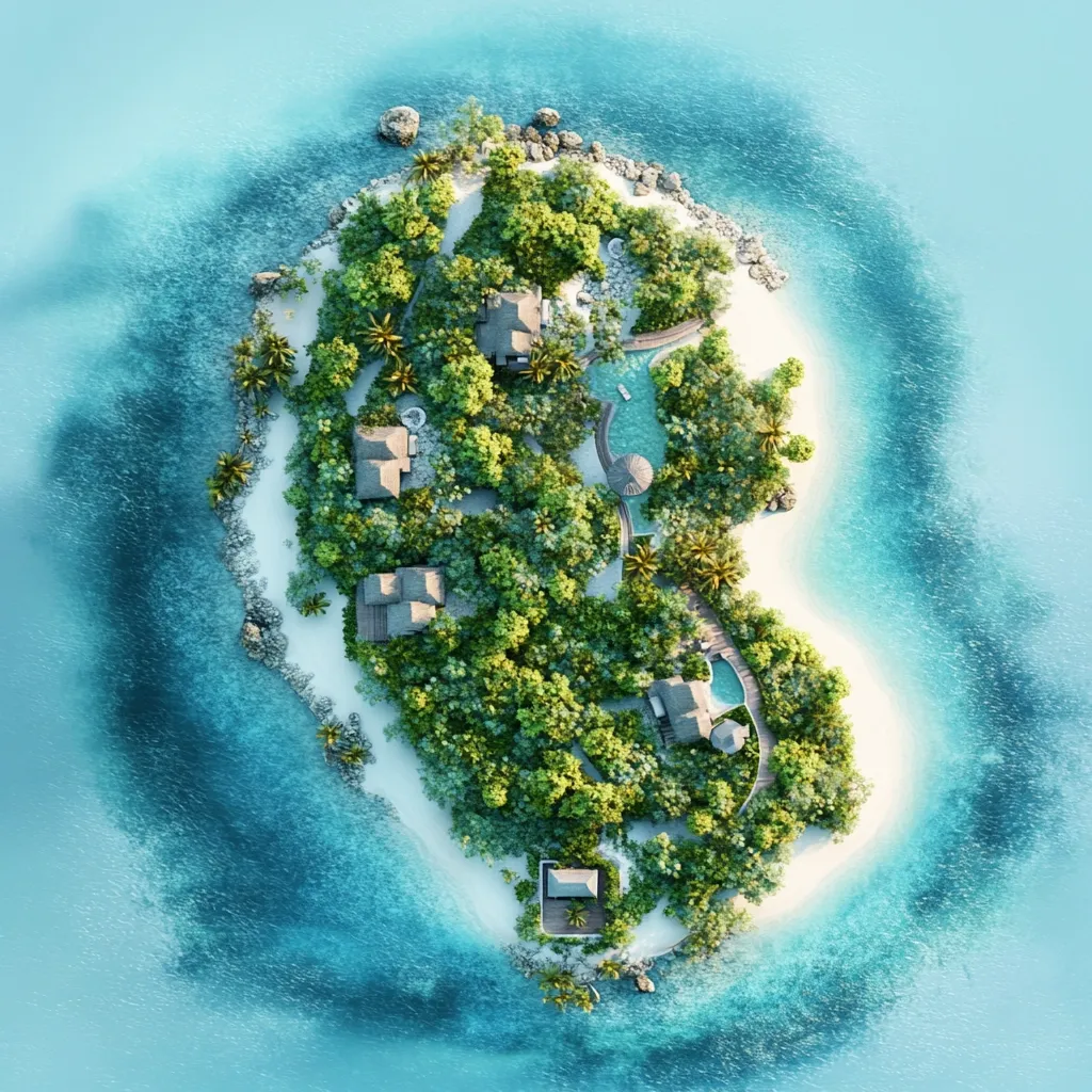 An aerial view showcases a secluded tropical island, shaped like a comma, nestled in turquoise waters. Lush greenery blankets the land, interspersed with several charming bungalows and a central pool.  Palm trees dot the sandy shoreline, enhancing the idyllic, tranquil setting.  The scene evokes a sense of peace and luxurious escape.