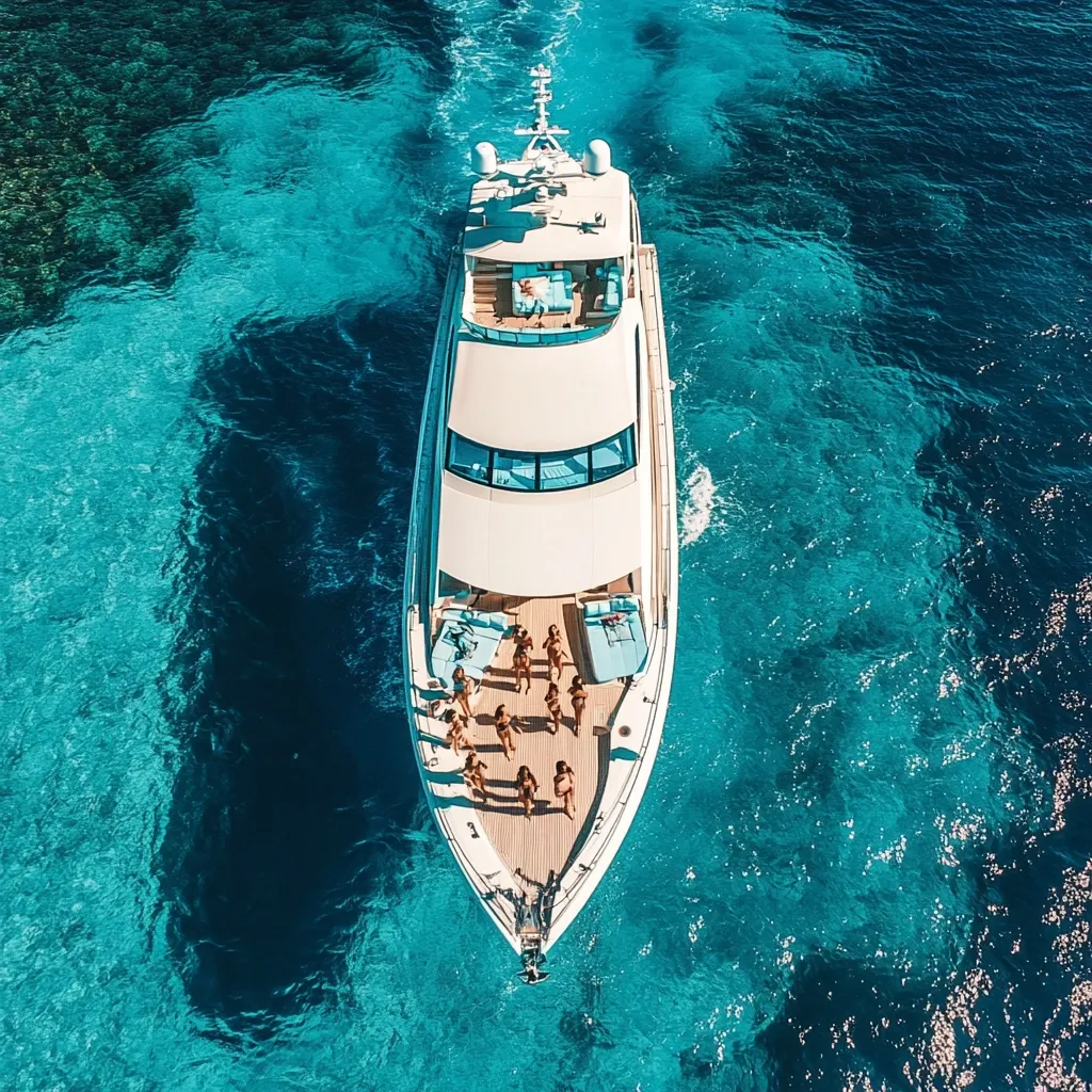 An aerial shot captures a luxurious yacht cruising through vibrant turquoise waters.  Numerous individuals in swimwear are gathered on the yacht's deck, enjoying the sunny day. The yacht's sleek design and the crystal-clear water create a stunning contrast, showcasing a scene of opulence and relaxation. The wake trails behind, adding to the dynamic composition.