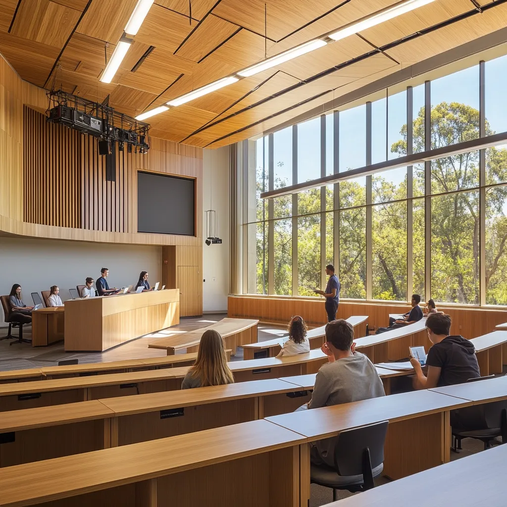 A modern lecture hall with a large window wall overlooking a tree-filled landscape. Students are seated in a curved arrangement of wooden desks, facing a raised platform where several individuals are seated at laptops. A man stands near the window, seemingly addressing the students. The hall features a wooden ceiling and walls, creating a warm and inviting atmosphere.  The design prioritizes natural light and a connection to the outdoors.