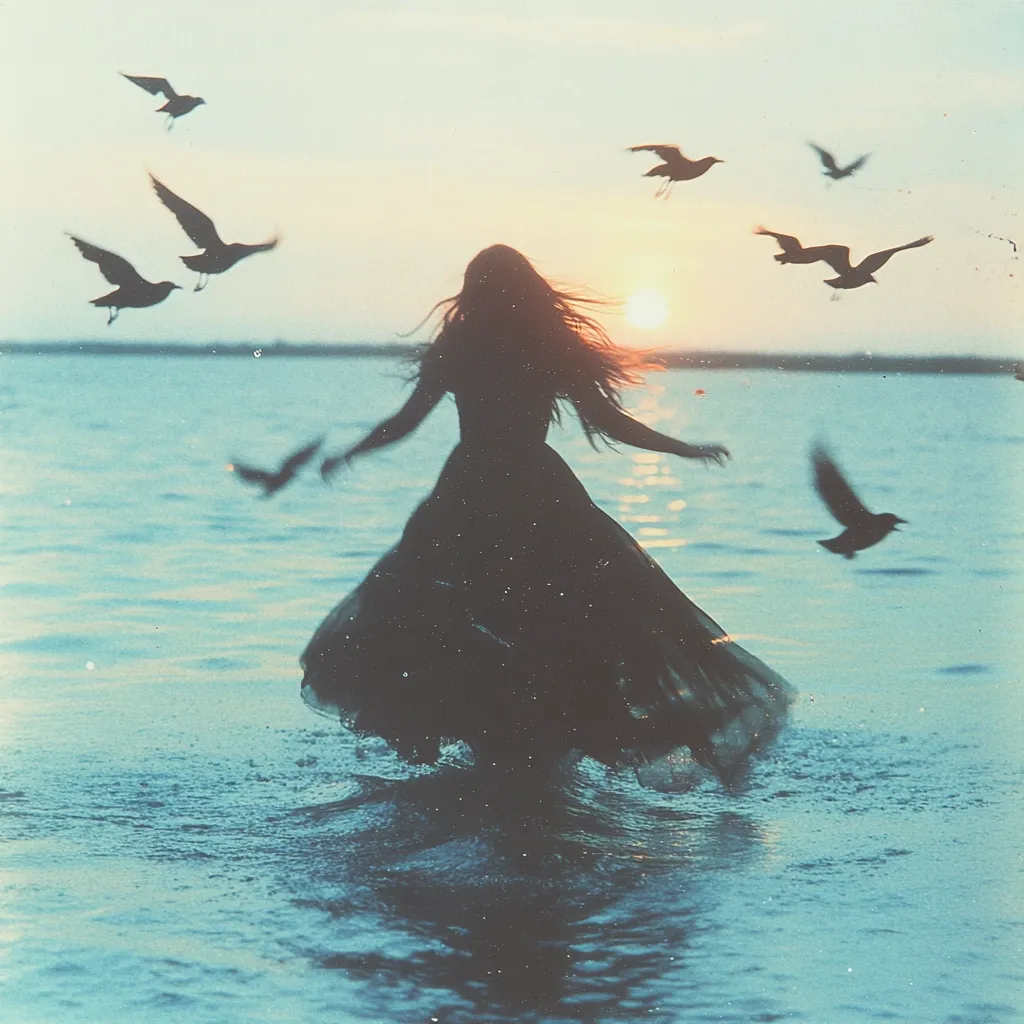 A silhouetted woman in a flowing dress dances in shallow, turquoise water as the sun sets.  Birds fly around her, creating a magical, ethereal scene. The image evokes a sense of freedom, peace, and connection with nature.  Her long hair streams behind her, adding to the graceful movement. The soft light casts a serene glow on the water, completing the dreamlike atmosphere.