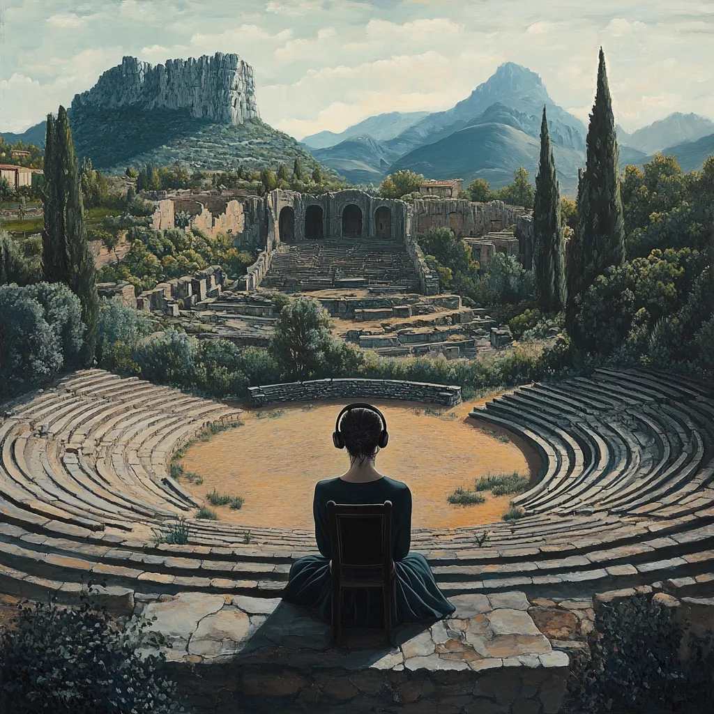 A woman wearing headphones sits alone in an ancient, stone amphitheater.  The amphitheater overlooks a sun-drenched landscape dotted with the ruins of what appears to be a Greek theatre.  Mountains rise in the background under a pale sky.  The scene juxtaposes the modern with the ancient, creating a sense of solitude and contemplation.  The woman's dark dress contrasts with the earthy tones of the surrounding ruins.