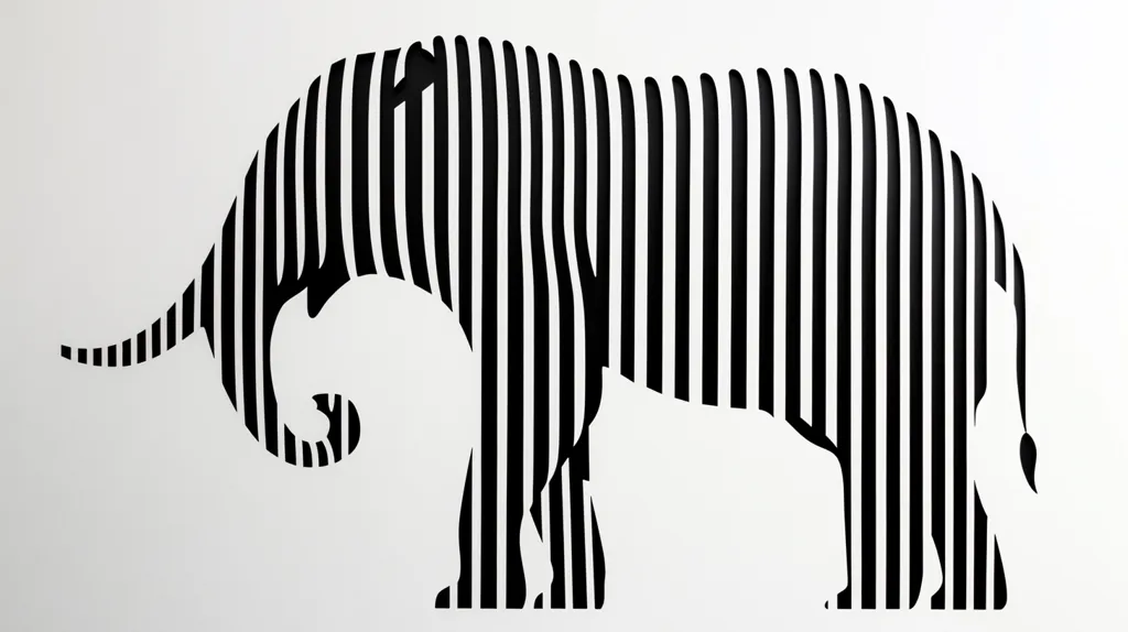 A stylized black and white image of an elephant is depicted.  The elephant's form is created using parallel vertical lines, creating a striped effect. The lines are thick and evenly spaced, forming a bold graphic representation of the animal. The design is simple yet striking, with a strong contrast between black and white. The elephant is shown in profile, its trunk extending to the left.