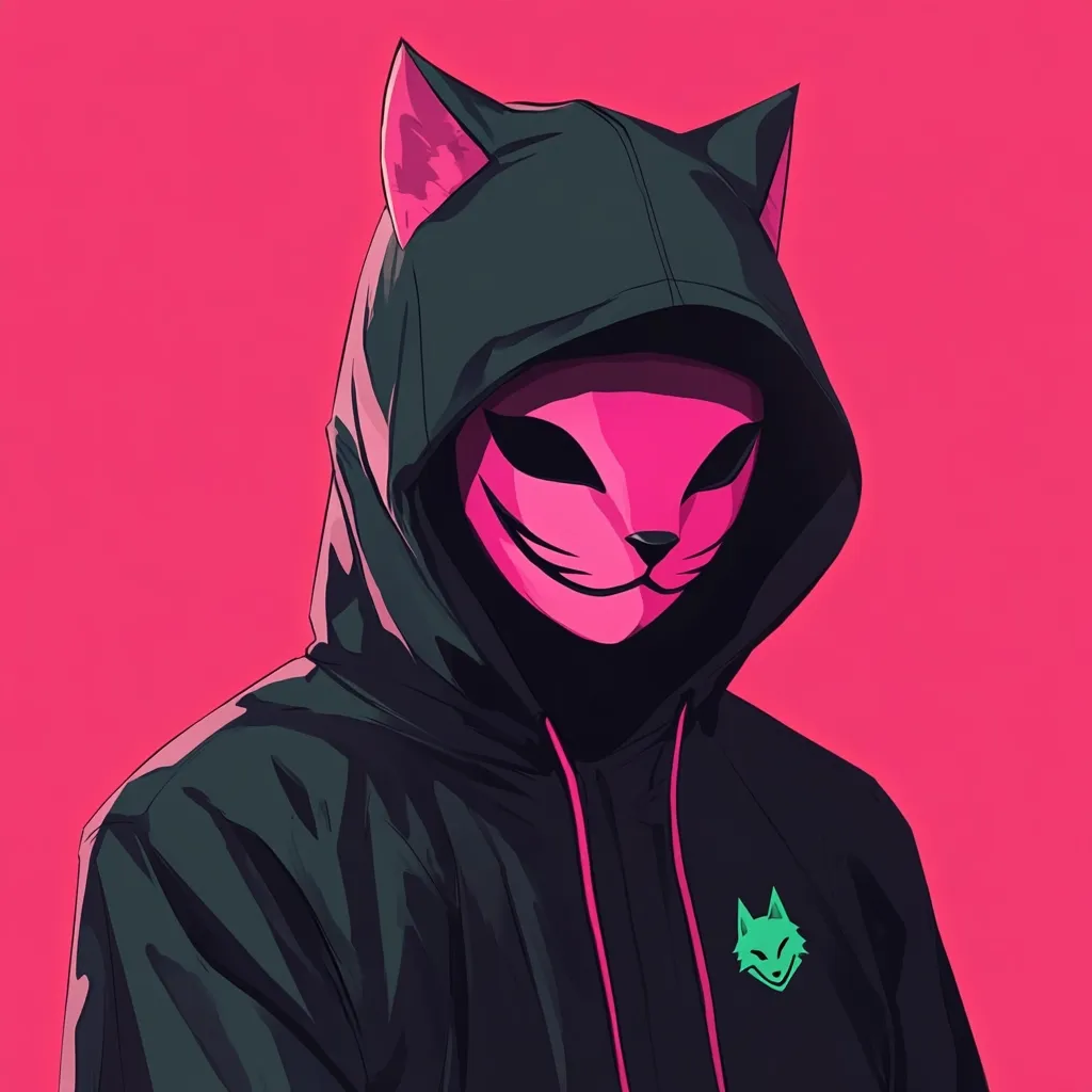 Here's a description of the image:

The illustration showcases a stylized figure, seemingly a person, shrouded in a dark hooded jacket.  The hood incorporates cat-like ears, adding a whimsical touch.  The figure's face is concealed by a vibrant pink mask, also shaped like a cat's face, featuring a sly grin.  The jacket has a small, light green fox logo embroidered on the chest.  The overall aesthetic is bold, employing a contrasting pink background that intensifies the image's graphic style. The art style suggests a digital, vector-based creation, clean lines and flat color gradients define the figure.