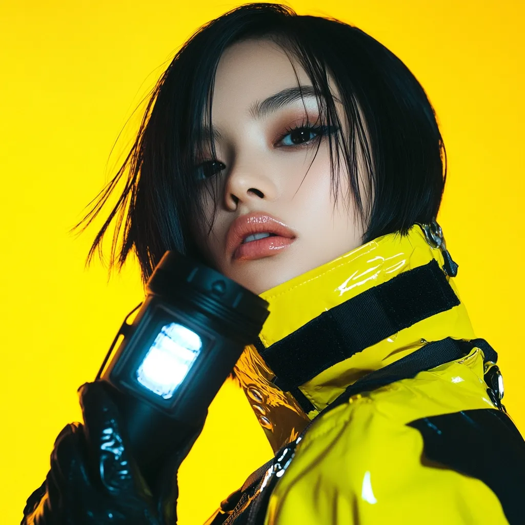 A young woman with short black hair holds a flashlight.  She's wearing a bright yellow, glossy raincoat with black accents. Her makeup is bold, and her expression is intense. The background is a vibrant yellow, creating a striking contrast with her attire. The overall image suggests a futuristic or cyberpunk aesthetic.
