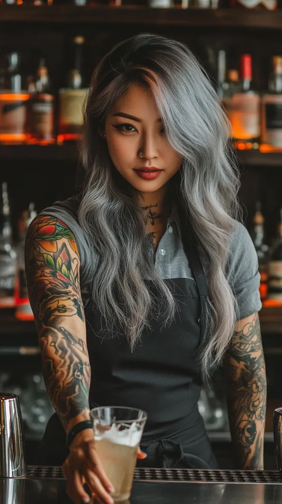 A young woman with long, gray hair and extensive arm tattoos stands behind a bar.  She's wearing a gray polo shirt and a black apron, and she holds out a glass of a light-colored beverage.  The background is blurred but shows a well-stocked bar with various liquor bottles. Her expression is serious and direct, engaging the viewer.