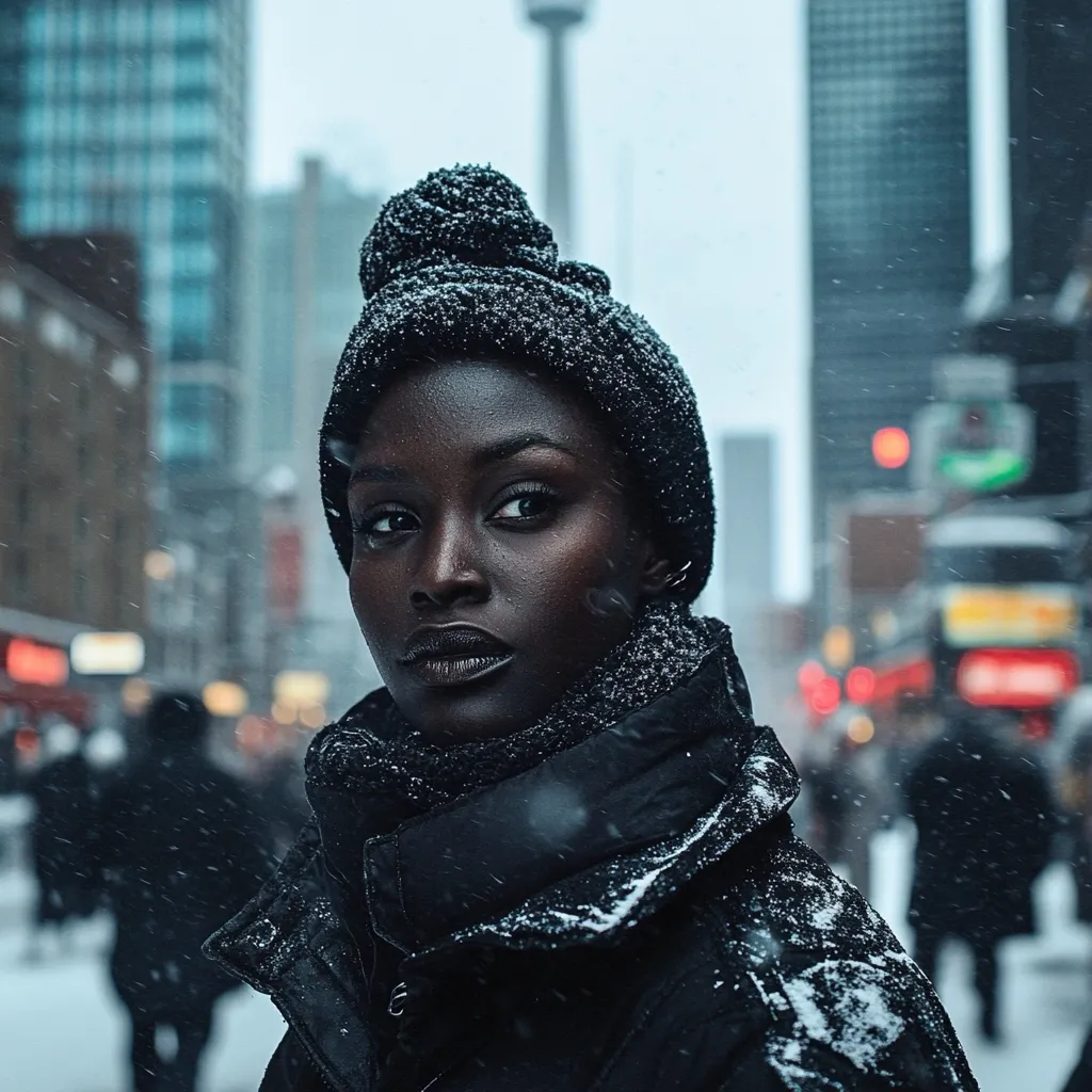 A young Black woman with dark eyes and rich skin stands in a snowy city.  She wears a black knit hat, a puffy black jacket dusted with snow, and a matching scarf.  The city background is blurred, focusing attention on her intense gaze.  Snowflakes fall gently around her, adding to the wintery atmosphere. The overall mood is stylish and striking.