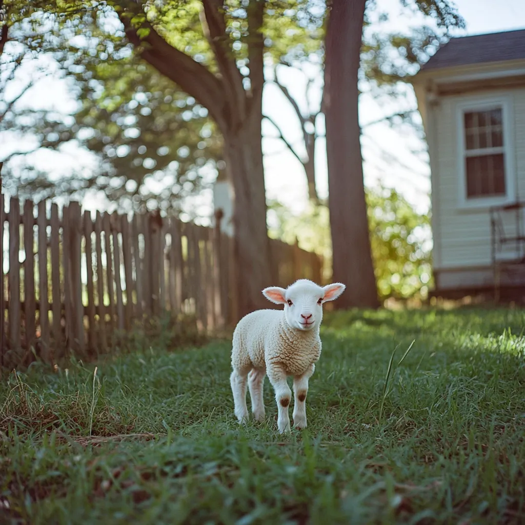 A fluffy white lamb stands in a grassy yard, gazing directly at the camera.  A weathered wooden fence and a light-colored house form a backdrop, softened by the bokeh effect of the sunlit trees. The lamb appears young and healthy, its wool pristine. The overall scene evokes a feeling of peaceful rural life.