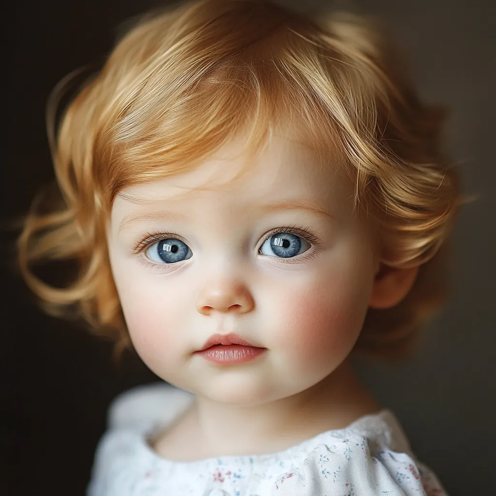 Close-up portrait of a toddler girl with bright, striking blue eyes and light, reddish-blonde, curly hair.  Her complexion is fair with rosy cheeks, and she's wearing a simple white, floral-patterned dress.  The background is blurred, drawing focus to the child's expressive face and captivating gaze. The overall mood is serene and tender.