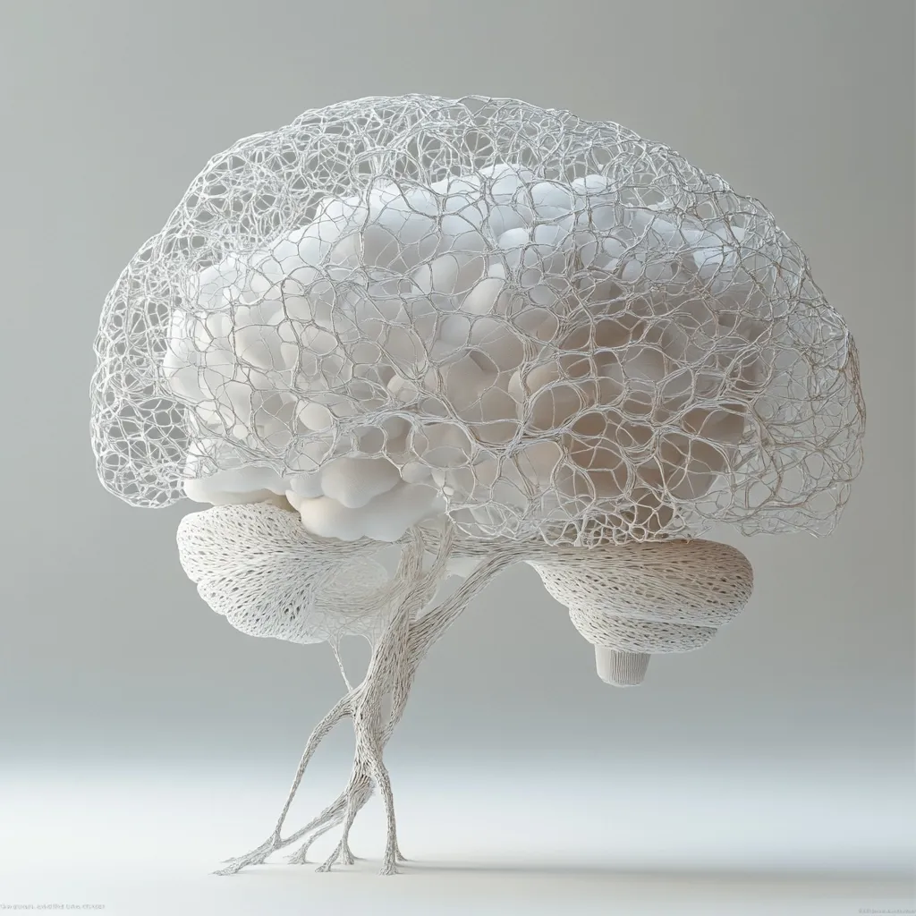 A three-dimensional rendering depicts a human brain encased within a delicate, web-like structure resembling a tree. The brain's form is subtly visible through the intricate latticework, which extends downwards to form spindly, tree-like legs.  The monochromatic white palette and smooth textures create a serene and almost ethereal image. The artwork suggests a connection between the mind and the natural world.