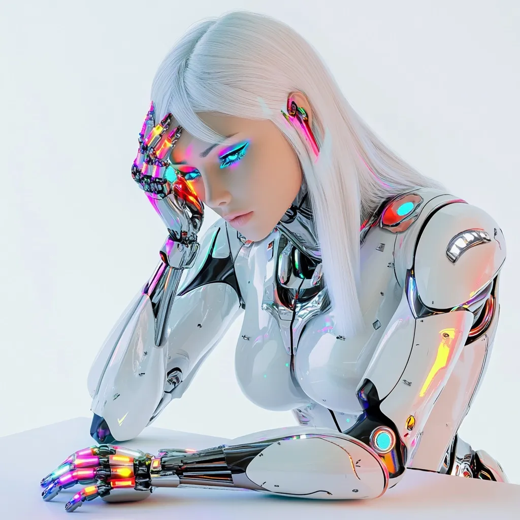 A female android with long white hair rests her head on her hand, displaying a melancholic expression. Her robotic body is predominantly white with metallic chrome accents, exhibiting vibrant multicolored lights along the joints.  The scene is set against a bright, minimalist white background, emphasizing the android's thoughtful pose.  The image suggests a blend of futuristic technology and human emotion.