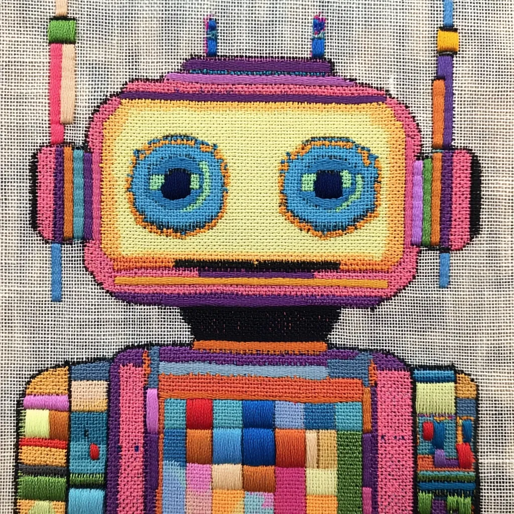 Here's a description of the image:

Close-up view of needlepoint artwork depicting a stylized robot. The robot is rendered in a vibrant, multicolored design, featuring bold geometric shapes and blocks of color in shades of pink, orange, purple, blue, and green.  Its large, friendly eyes are a standout detail, and the overall aesthetic is playful and modern. The background is a neutral, off-white canvas typical of needlepoint projects, providing contrast to the colorful robot.  The stitches are clearly visible, showcasing the meticulous craftsmanship.