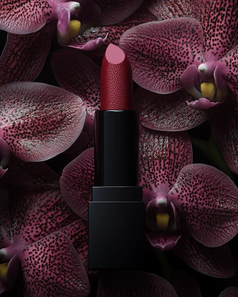 A tube of dark red lipstick stands upright, nestled amongst a bed of deep burgundy orchids.  The matte lipstick contrasts sharply with the velvety petals, creating a dramatic and luxurious visual. The rich colors and textures combine to evoke a sense of elegance and sophistication. The image is dark and moody, emphasizing the intensity of the hues.