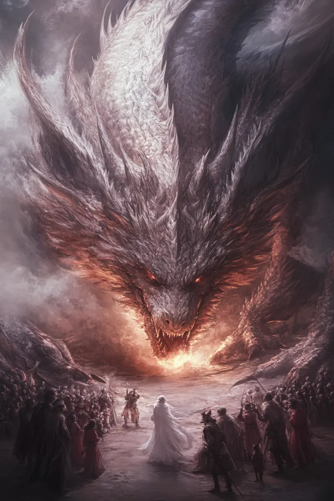 A colossal, fiery dragon dominates the scene, its immense form filling the sky.  Before it, a lone figure in white robes stands defiantly, facing a crowd of onlookers.  The dragon's fiery breath illuminates the scene, casting long shadows. The atmosphere is one of intense confrontation and impending doom, a clash between a mythical beast and a seemingly helpless group of people. The dragon's scales shimmer, reflecting both light and shadow.
