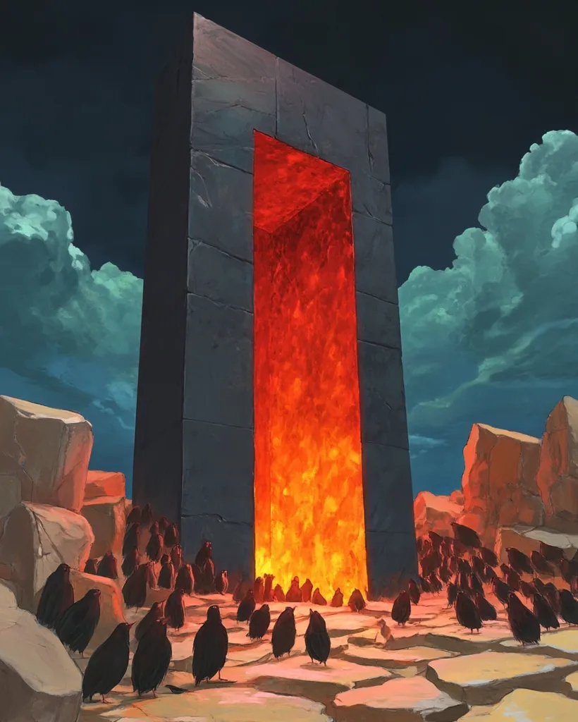 A monolithic stone structure, resembling a gateway, stands against a dramatic, cloudy sky.  A fiery inferno glows intensely within the doorway.  A flock of dark birds, possibly crows or ravens, surrounds the base of the structure, their silhouettes stark against the fiery light and desolate landscape. The scene evokes a sense of mystery and impending event, possibly a portal to another realm or a symbolic representation of transition.  The contrast of dark stone, vibrant fire, and somber birds creates a powerful visual impact.