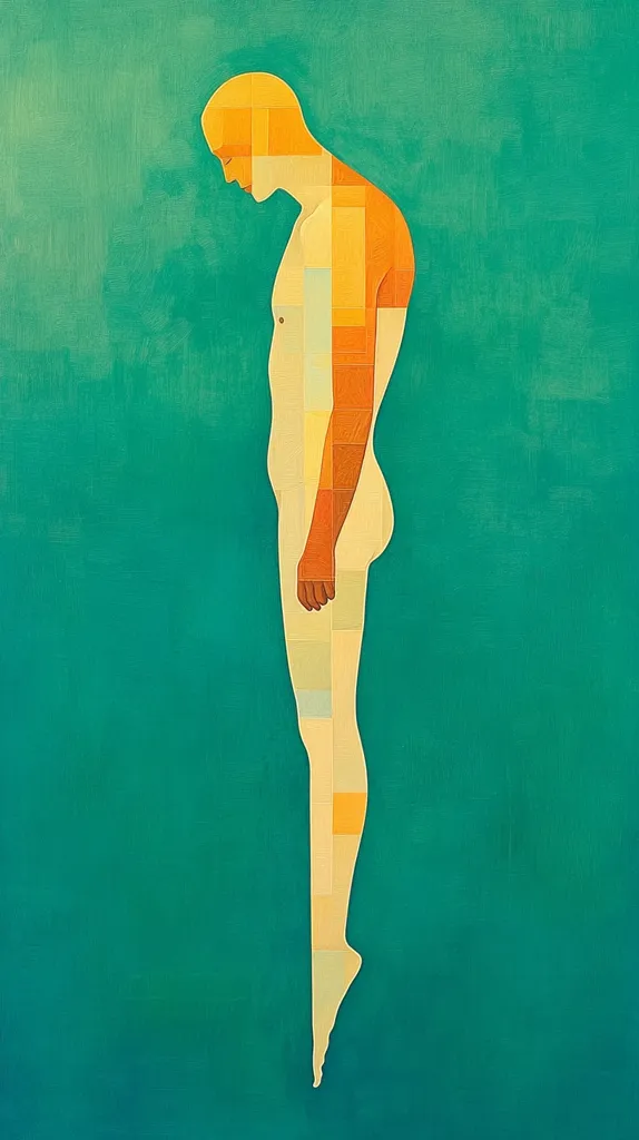 An abstract figure, rendered in warm, muted oranges and yellows against a teal backdrop, stands in profile. The figure's body is composed of geometric blocks, suggesting a fragmented or deconstructed form.  The pose is slightly hunched, conveying a sense of contemplation or melancholy. The style is minimalist and evocative, focusing on form and color rather than precise detail.