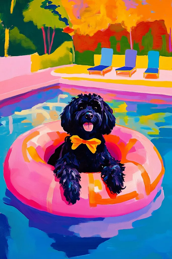 A vibrant, stylized painting depicts a black dog, possibly a poodle mix, lounging in a bright pink inflatable ring in a swimming pool.  The dog wears a yellow bow tie and its expression is relaxed and happy. The poolside is rendered in bold, colorful strokes, featuring pink walls and three vibrant blue lounge chairs. The background showcases a stylized landscape of green trees and an orange-hued sky.  The overall style is expressive and playful.