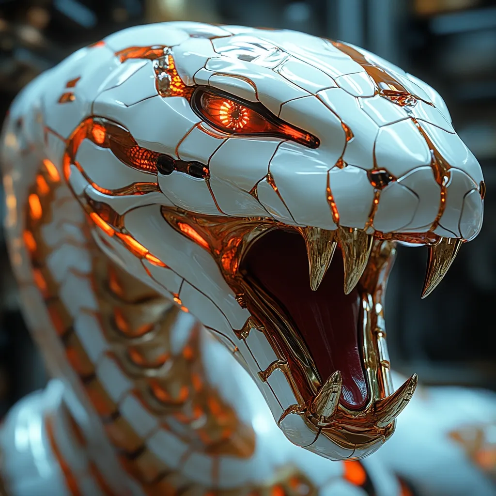 Close-up of a robotic snake's head, predominantly white with gold accents.  The creature's mouth is agape, revealing sharp gold teeth and a red interior.  Orange glowing lights line the segmented body, enhancing the futuristic, biomechanical design. The eye is a striking orange, adding to the creature's menacing yet captivating appearance. The image suggests a high level of detail and digital artistry.