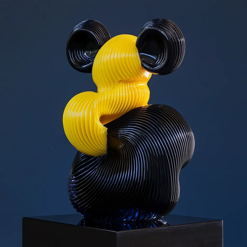 A vibrant abstract sculpture commands attention.  Its form is a dynamic interplay of swirling, ribbed shapes in bold yellow and black.  The yellow section, resembling stylized ears or loops, rests atop a larger, darker base. The glossy finish enhances the contrasting colors and the sculptural curves. The piece is displayed on a sleek, black pedestal, further emphasizing its striking design.