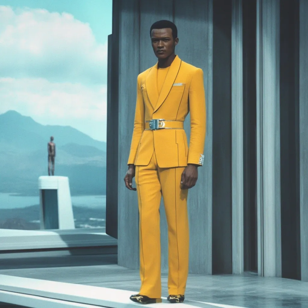 A male model stands in a vibrant yellow suit against a minimalist, futuristic backdrop.  The suit is tailored, featuring a sharp lapel, a metallic belt, and subtle side stripes on the trousers. He wears dark shoes, and a small, distant statue is visible in the background, adding to the image's surreal and somewhat melancholic atmosphere. The overall style is high fashion, with a blend of bold color and clean lines. The setting appears to be an outdoor runway or architectural display.