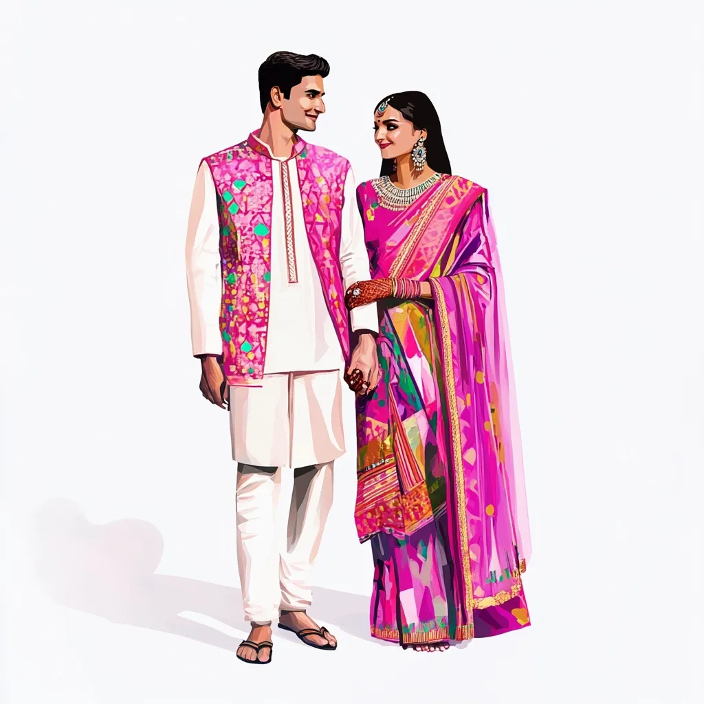 A stylized illustration depicts a bride and groom in vibrant pink and white traditional Indian attire.  The groom wears a white kurta and churidar with a richly embroidered pink waistcoat. The bride is adorned in a multicolored silk saree, showcasing intricate patterns and golden accents.  They stand close, holding hands, their joyful expressions reflecting their happiness. The illustration is rendered in a bold, graphic style, emphasizing color and form.