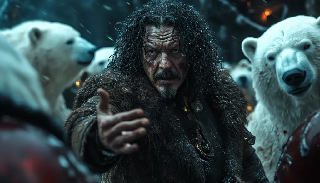 A man with long, dark, messy hair and a weathered face, clad in a fur-trimmed coat, extends his hand towards the viewer.  He appears fierce, with a stern expression.  He's surrounded by several large polar bears, their white fur contrasting with the dark, snowy background. The scene is gritty and atmospheric, suggesting a harsh, cold environment.  The image has a cinematic quality, possibly a still from a film or video game.