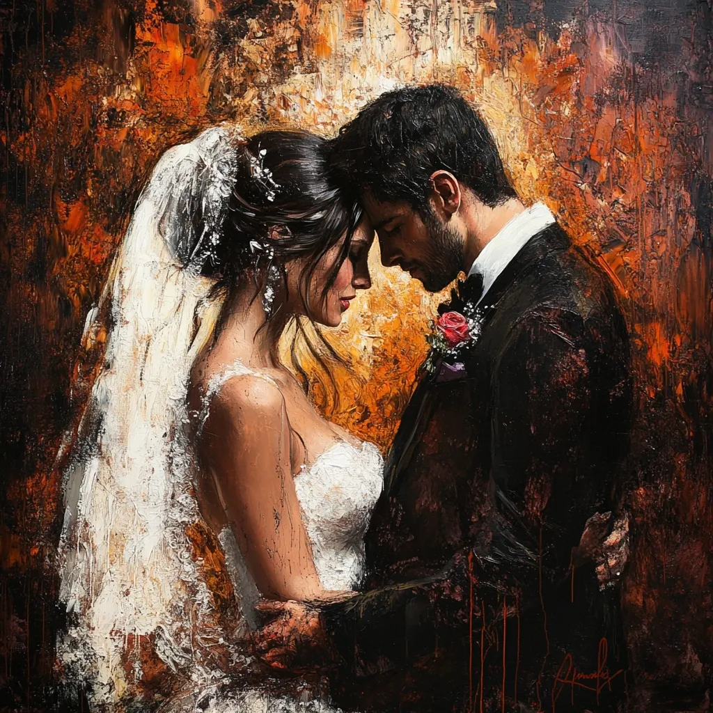 A richly textured oil painting depicts a bride and groom in an intimate embrace.  The bride, in a white lace gown and veil, stands close to the groom in a dark suit. Their foreheads touch, conveying a sense of deep connection.  The warm, fiery background contrasts with the cool tones of the wedding attire, creating a dramatic and romantic atmosphere.  The artist's impasto technique adds depth and emotion to the scene.