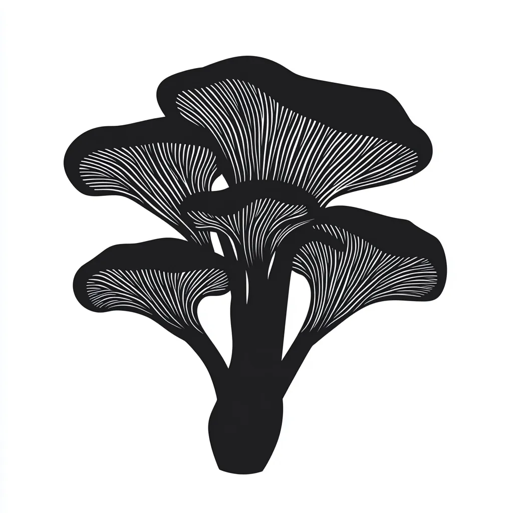 A stylized black and white illustration of a cluster of mushrooms. The mushrooms have a distinct layered, fan-like cap structure with parallel lines suggesting gills. The stems merge into a single, thick base. The image is simple yet striking, with bold contrasts and a focus on the organic form of the fungi.  The style suggests a woodcut or linocut print.