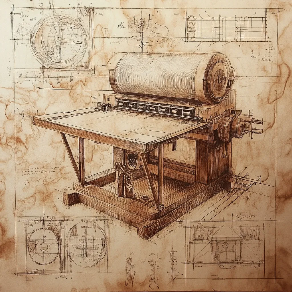 A sepia-toned detailed drawing depicts a vintage printing press, meticulously rendered with technical precision.  Surrounding the central image are various engineering blueprints and schematics, suggesting the design process.  The style evokes a historical, almost antique, feel, reminiscent of aged parchment and mechanical drawings. The overall composition blends artistry with technical documentation, creating a compelling visual narrative of invention and craftsmanship.