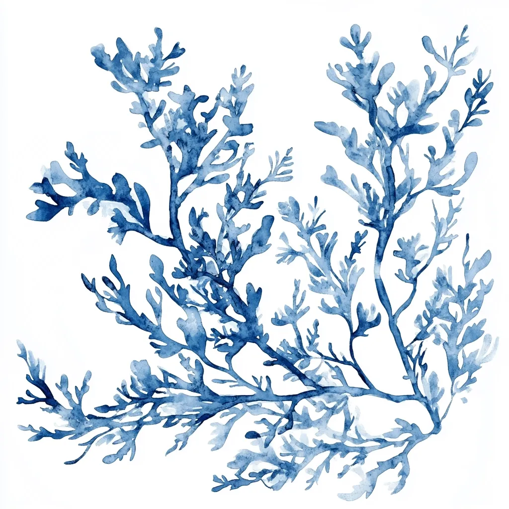 A watercolor painting depicts a stylized blue sea plant against a white background.  The plant's branches spread out in a loose, organic pattern, with delicate, feathery details in varying shades of blue. The style is reminiscent of botanical illustration, but with a loose, impressionistic quality.  The overall effect is serene and elegant, suggesting a coastal or marine theme.