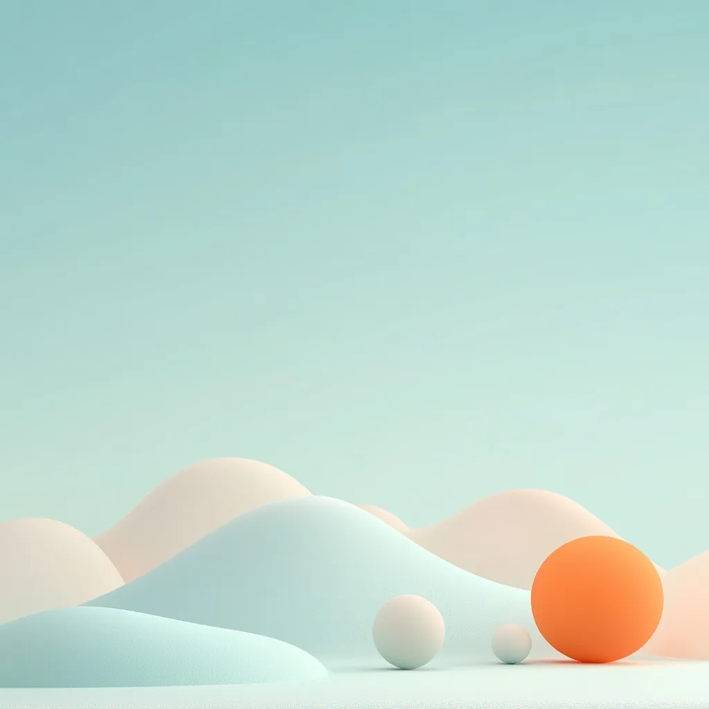 A minimalist 3D rendering showcases a serene landscape of pastel-colored hills.  Soft, undulating forms in shades of light blue and cream create a calming backdrop. Three spheres—one large orange, one medium white, and a small white—rest on the hills, adding a pop of color and visual interest to the peaceful scene. The overall effect is one of gentle tranquility and soft, muted tones.