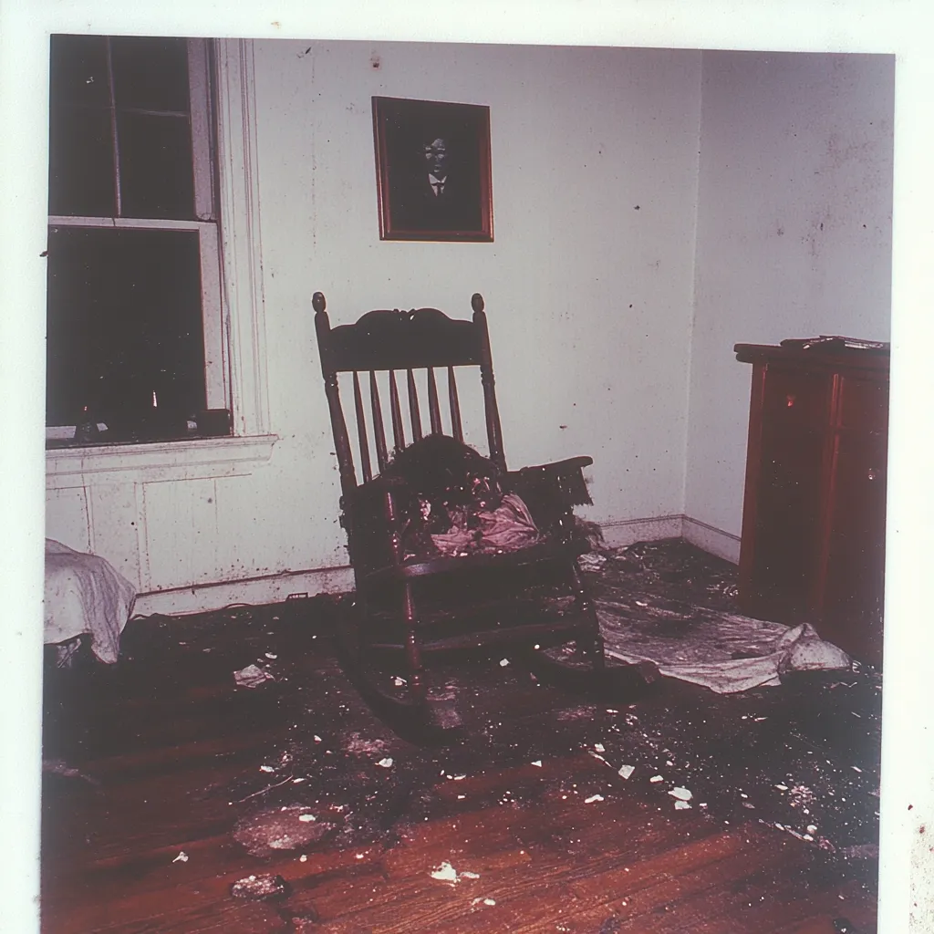 A photograph depicts the aftermath of a fire.  A wooden rocking chair sits in the center of a room, soot-covered and seemingly damaged.  The floor is littered with debris and ash.  A framed portrait hangs on the wall, and a dark wooden cabinet is visible in the corner.  The overall scene is one of destruction and disarray, suggesting a significant fire occurred in the space. The room shows signs of significant smoke damage.