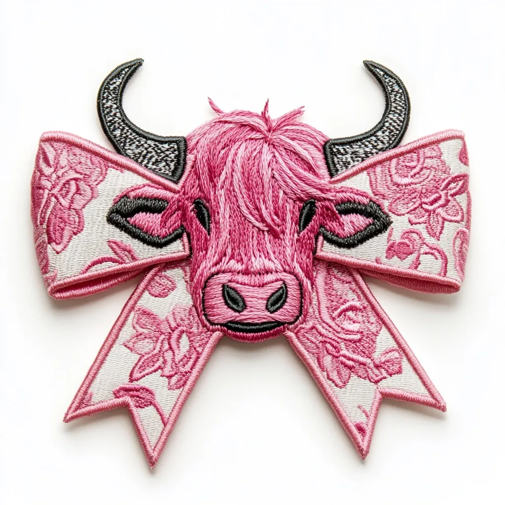 A pink embroidered patch depicts a Highland cow's head centered within a large pink and white floral bow.  The cow's fur is rendered in shades of pink, its horns are black and silver, and its features are delicately outlined. The bow's ribbon is off-white with a repeating pink floral pattern.  The overall style is whimsical and decorative, suitable for clothing or accessories.