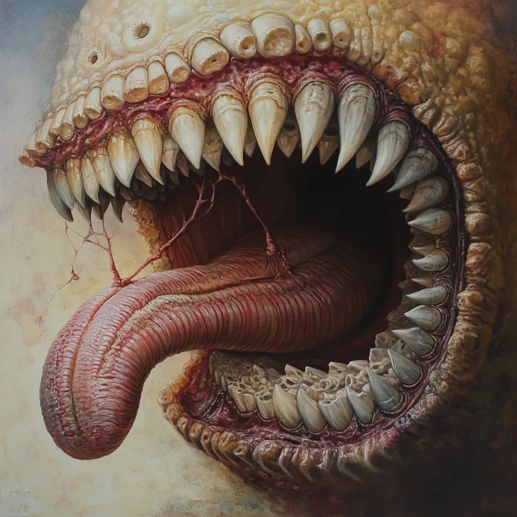 A detailed close-up of a monstrous creature's open maw, revealing rows of sharp, jagged teeth and a long, fleshy tongue.  The creature's mouth is textured and appears decayed or diseased, with visible veins and discoloration. The overall effect is grotesque and unsettling, suggesting a creature of immense power and ferocity. The painting style is realistic, emphasizing the texture and detail of the creature's anatomy.