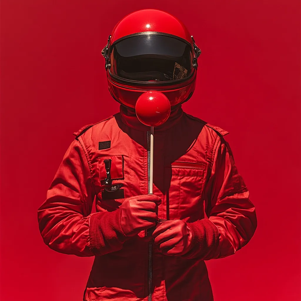 A person in a red spacesuit and helmet holds a red ball on a stick in front of their face. The background is a solid red, creating a monochromatic image. The overall aesthetic is minimalist and slightly surreal, with the red color dominating the scene.  The gloves are also red, matching the suit and helmet. The image evokes a sense of mystery and quiet contemplation.