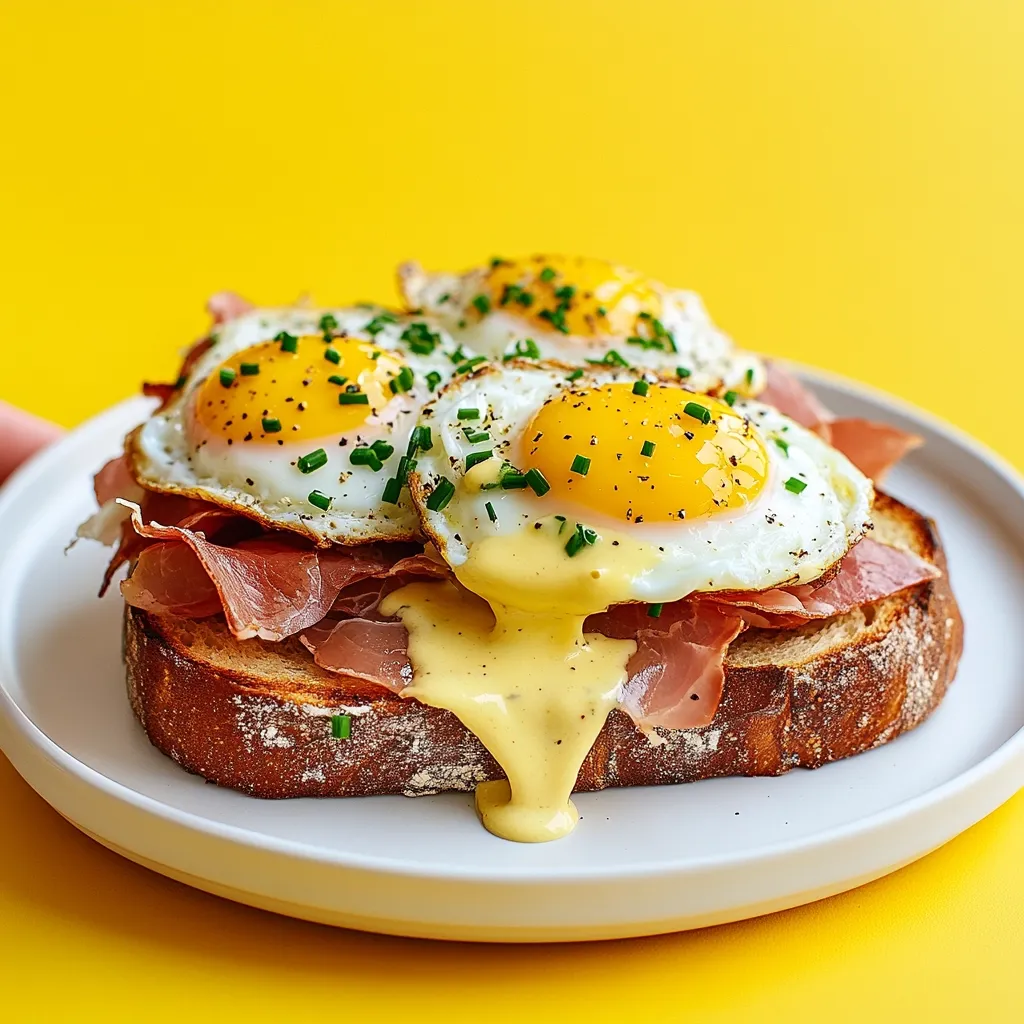A gourmet open-faced sandwich features three sunny-side-up eggs atop slices of prosciutto on toasted bread.  The eggs are seasoned with chives and black pepper. A rich, yellow hollandaise sauce generously drizzles down the side, enhancing the vibrant colors and creating a visually appealing breakfast or brunch dish.  The entire creation rests on a simple white plate against a bright yellow background.