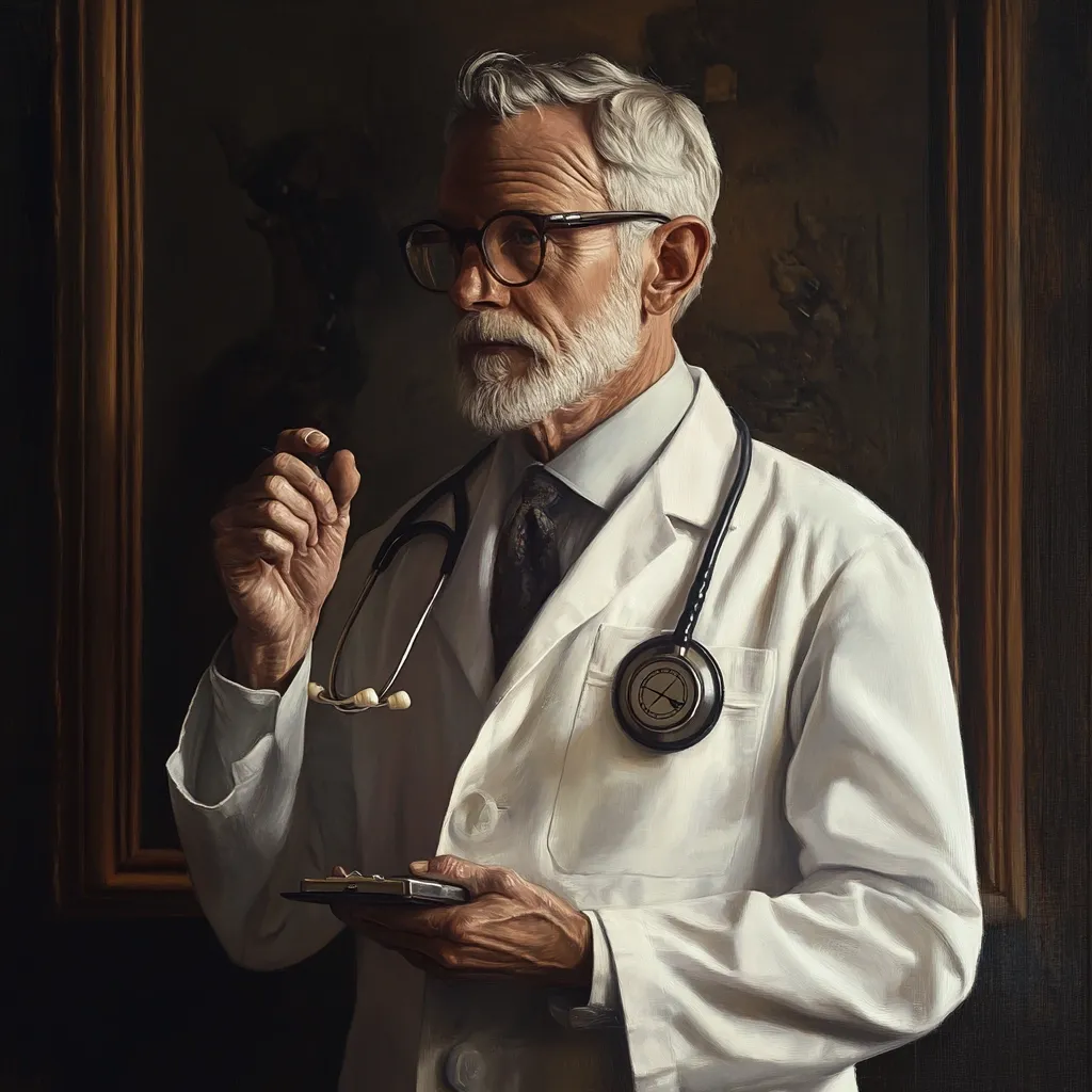 A meticulously painted portrait depicts an elderly, distinguished doctor.  He wears a crisp white coat, stethoscope draped around his neck, and glasses perched on his nose.  His silver hair and beard frame a thoughtful expression as he holds a small object, perhaps a pen or notepad, in one hand, and a device in the other.  The background features a dimly lit painting, adding depth and suggesting a contemplative atmosphere.  The overall style is realistic, with careful attention to detail in the subject's attire and features.
