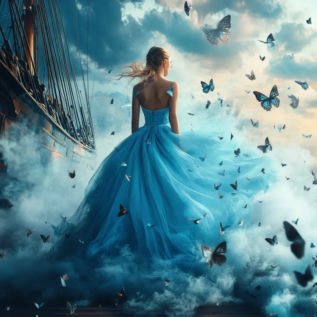 A woman in a flowing, light blue ball gown stands with her back to the viewer, gazing at an old sailing ship shrouded in mist.  Numerous blue butterflies flutter around her and her dress, creating a magical, ethereal atmosphere. The scene is dreamlike and suggestive of fantasy or a fairytale, with a sense of mystery and wonder. The vast sky and the sea add to the dramatic scale of the image.