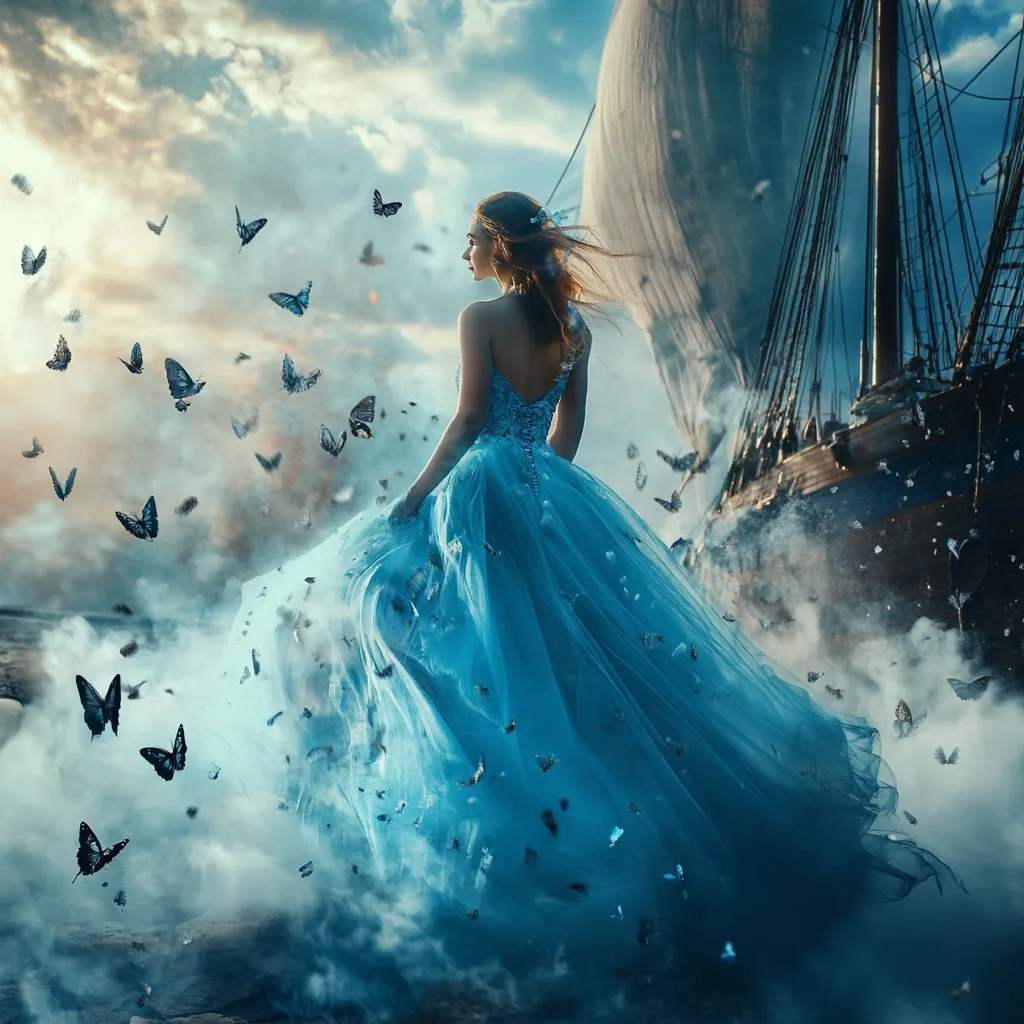 A woman in a flowing, light blue ball gown walks away from the viewer, surrounded by a mystical fog and numerous blue butterflies.  The vast, aged sailing ship in the background adds to the ethereal atmosphere. The scene is dreamlike, suggesting a magical or fantastical journey.  The woman's dress trails behind her, blurring with the mist and the fluttering insects. The overall mood is romantic and mysterious.