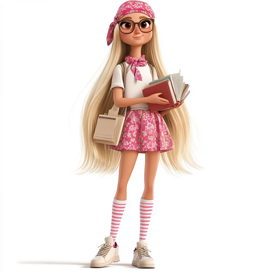 A cute, digitally rendered girl with long blonde hair, wearing a pink floral skirt, white shirt, pink headband, and striped socks, stands against a white background.  She carries several books and a light beige shoulder bag. Her glasses and confident posture suggest intelligence and style.  The overall image is bright, cheerful, and conveys a youthful energy.