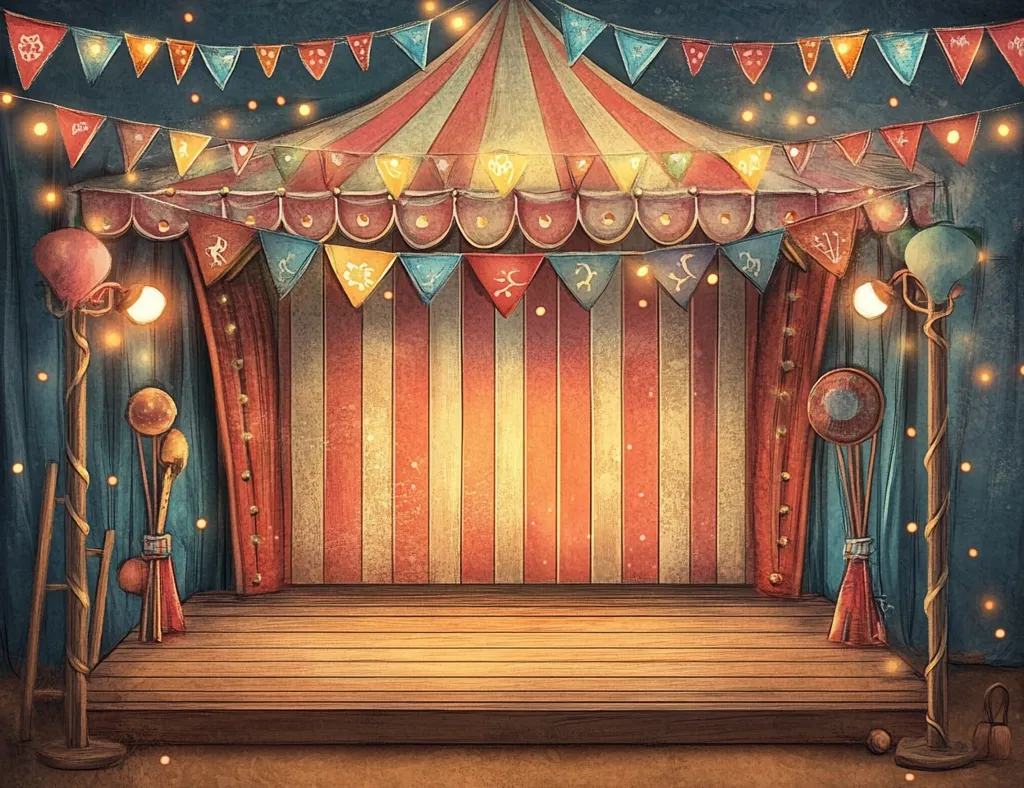 A whimsical illustration depicts an empty circus stage, bathed in warm light.  A classic red and white striped tent canopy hangs above, adorned with colorful pennants and glowing fairy lights.  Ornate lamp posts with whimsical props flank the stage, creating a magical, nostalgic atmosphere. The wooden stage is ready for a performance, promising wonder and spectacle. The overall style is reminiscent of vintage circus posters and children's storybook illustrations.