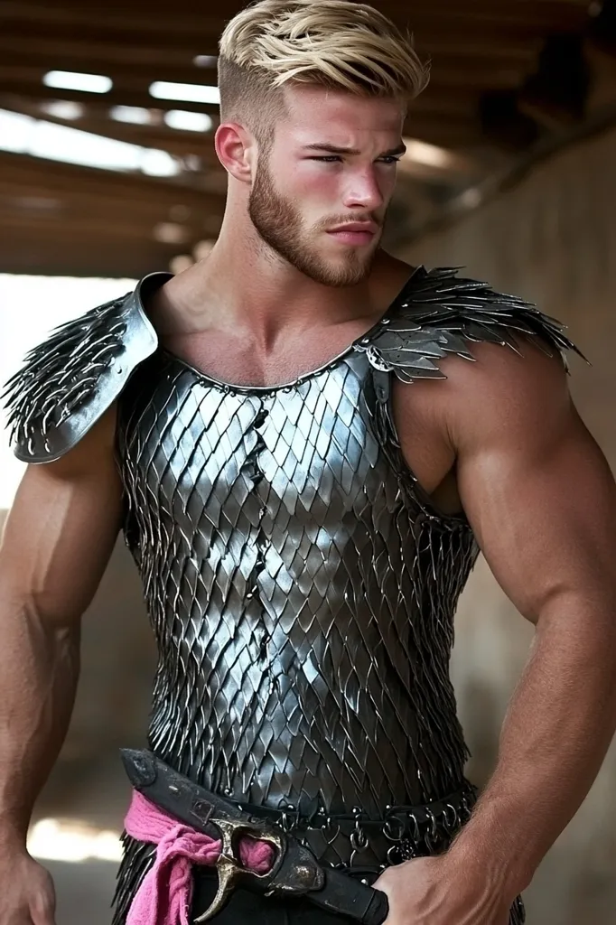 A muscular man with a blond, short, textured hairstyle and a well-groomed beard is shown wearing a intricately crafted, scale-mail armor vest. The vest has shoulder plates that extend into wing-like shapes.  He holds a dark-handled weapon at his waist, secured with a pink cloth. The background suggests a rustic, possibly ancient setting. His serious expression adds to the warrior-like persona.