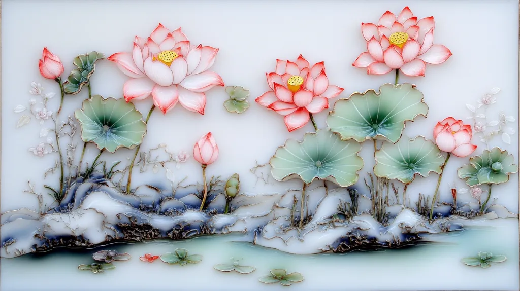 A delicate relief carving depicts a serene lotus pond scene.  Pink and white lotus blossoms in various stages of bloom are nestled amongst large, jade-green leaves.  The lotuses emerge from rocky outcrops and are reflected in the calm water below, accented with smaller aquatic plants. The overall effect is one of peaceful beauty and artistry.