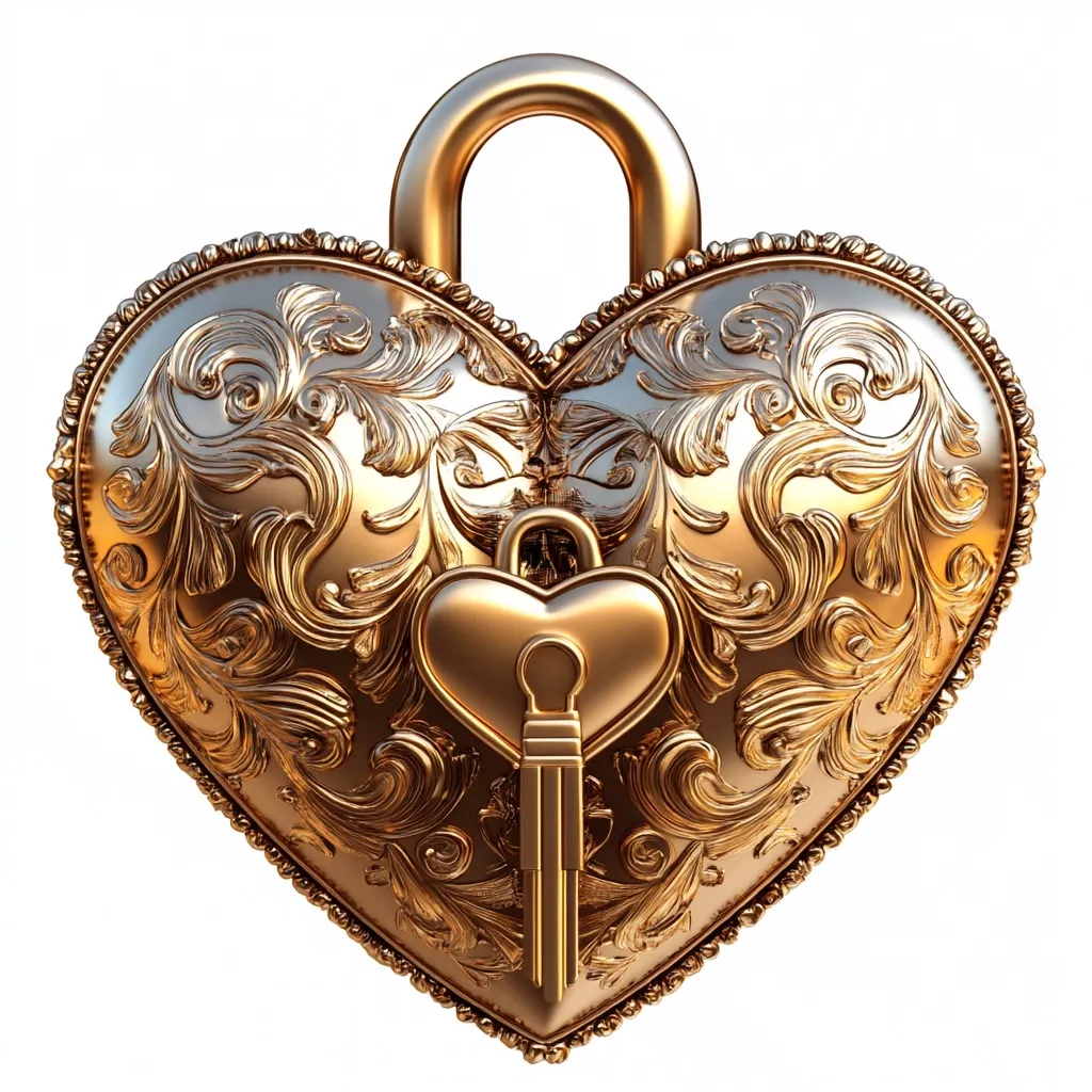 A golden heart-shaped padlock, intricately adorned with ornate floral carvings, is presented against a stark white backdrop.  The padlock features a matching golden key, securely inserted into the lock.  The luxurious design suggests a symbol of love, security, or a precious secret, emphasizing its ornate details and metallic sheen.