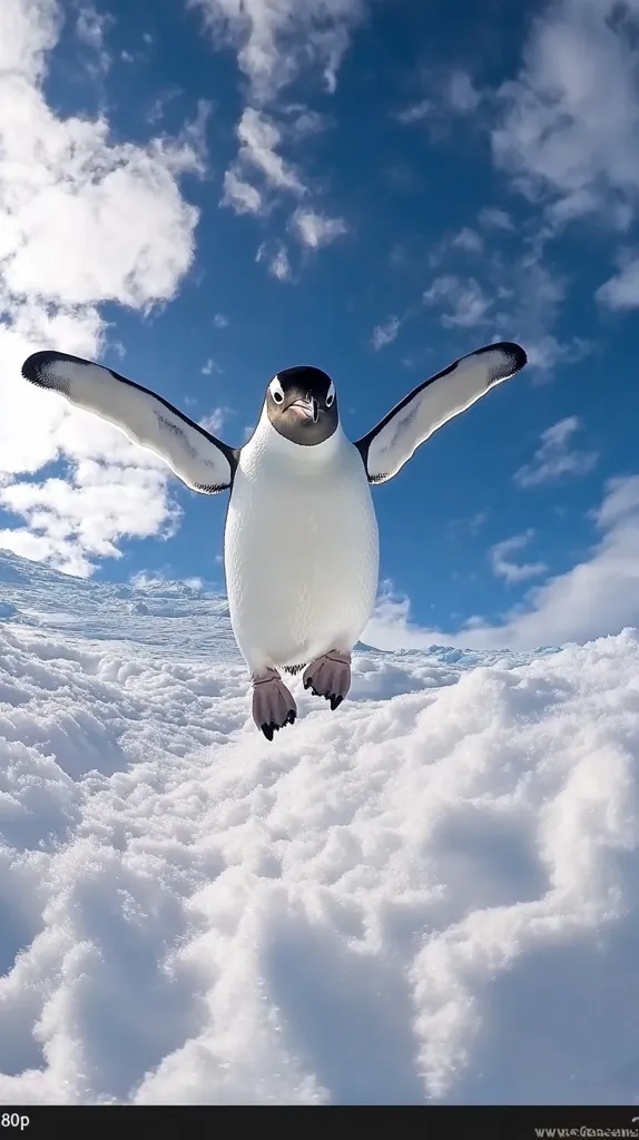 A gentoo penguin is captured mid-leap against a vibrant blue sky dotted with fluffy white clouds.  Its wings are outstretched, giving the impression of flight. The penguin's body is predominantly white, contrasted by its black head and back. The snowy landscape below adds to the breathtaking scene.  The image is sharply focused, showcasing the penguin in exquisite detail.