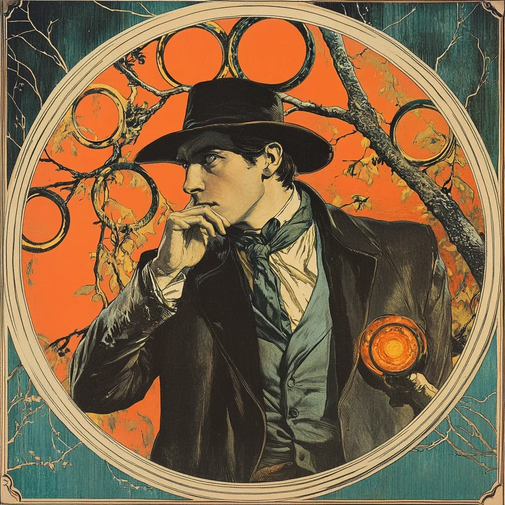 A man in a dark hat and coat, with a contemplative expression, is the focal point of this Art Nouveau-style illustration.  He holds a glowing orb, possibly a lantern, in his hand. The background features stylized orange circles and a silhouetted tree branch against a warm sunset. The circular frame adds to the decorative aesthetic. The overall mood is mysterious and evocative.