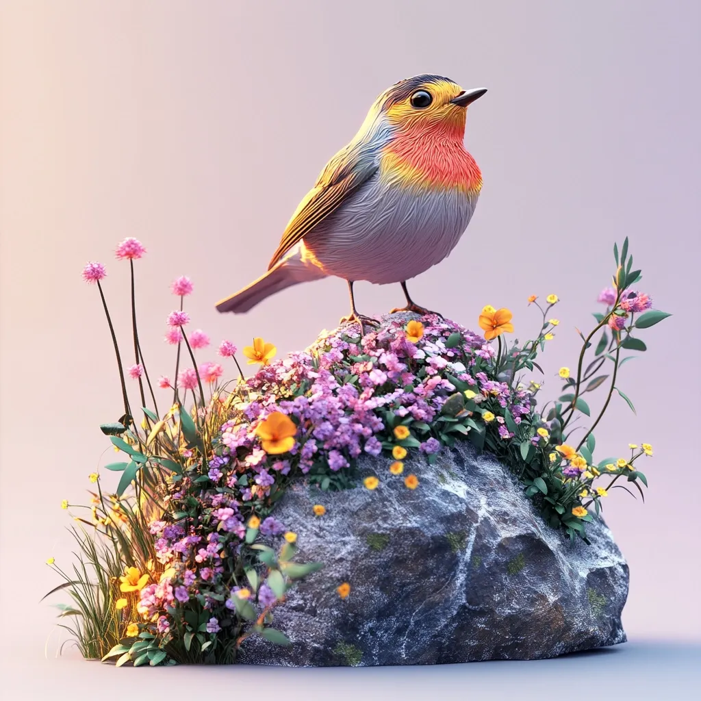 A vibrant digital rendering depicts a robin perched atop a gray rock, nestled amidst a profusion of wildflowers.  The bird, with its detailed plumage of gray, orange, and yellow, is sharply focused against a soft, light-pink background.  The surrounding blossoms are a mix of pink, purple, and yellow, creating a serene and colorful springtime scene.  The overall aesthetic is one of gentle beauty and natural harmony.